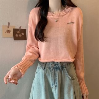 Long-Sleeve Crew Neck Plain Distressed Knit Top