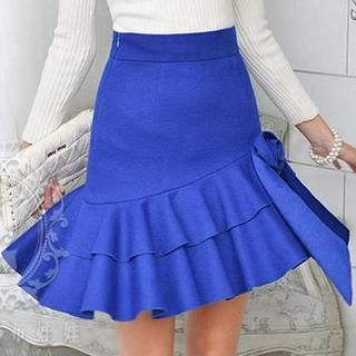 Dabuwawa Wool-Blend Ruffle-Hem Rose-Appliqué Skirt
