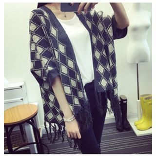 P.E.I. Girl Diamond Pattern Fringed Cardigan