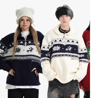 Couple Matching Collar Half-Zip Christmas Print Sweater