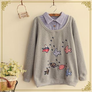 Fairyland Mock Two-piece Fish Applique Collared Pullover