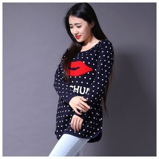 ELI Queen Embroidered Lip Dotted Long-Sleeve T-shirt Dress