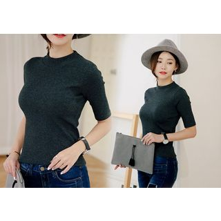 Seoul Fashion Elbow-Sleeve Slim-Fit Knit Top