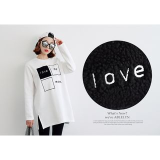 Seoul Fashion Slit-Side Lettering Brushed-Fleece Pullover