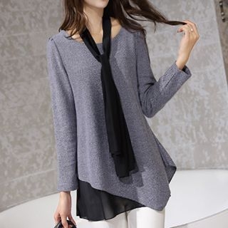 chome Long-Sleeve Layered Top with Light Scarf