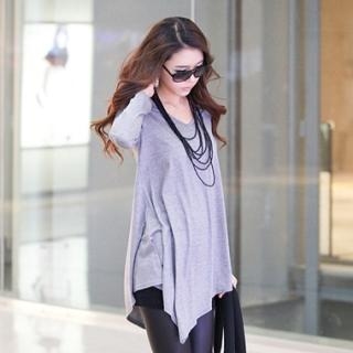 Asymmetric-Hem V-Neck Top