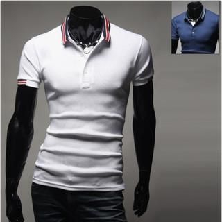 WIZIKOREA Short-Sleeve Contrast-Trim Polo Shirt