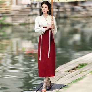 Long-Sleeve V-Neck Mock Two Piece Wrap Midi Dress