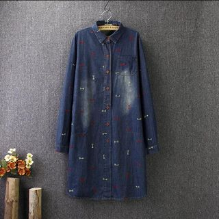 Blue Rose Long-Sleeve Embroidered Denim Shirtdress