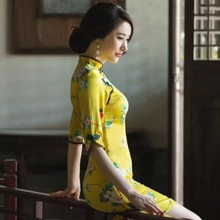Miss Four Qipao Elbow-Sleeve Floral Cheongsam