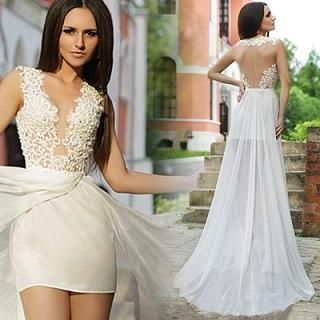 Angel Bridal Sleeveless Lace-Panel High-Low Wedding Dress