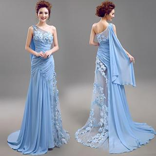 Angel Bridal One-Shoulder Pleated Rosette Evening Dress