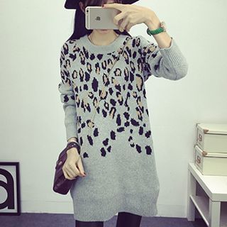Magic Mirror Long-Sleeve Leopard Knit Dress