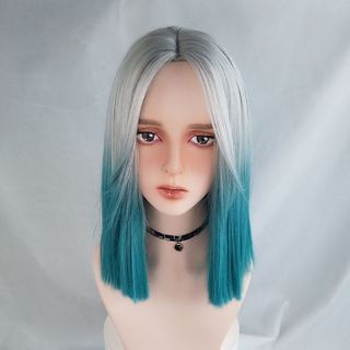 Two-Tone | Straight | Silver | White | Full | Blue | Long | Size | Wig | One