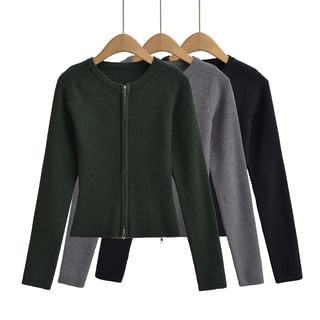 Round Neck Plain Zip Cardigan