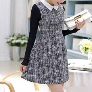 lilygirl Long-Sleeve Melange Collared Mock Two-piece Dress