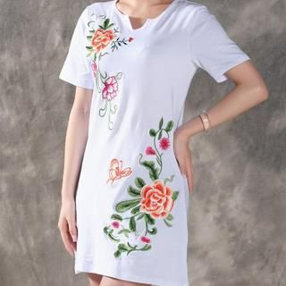 Sayumi Short-Sleeve Floral Embroidered Mini Dress