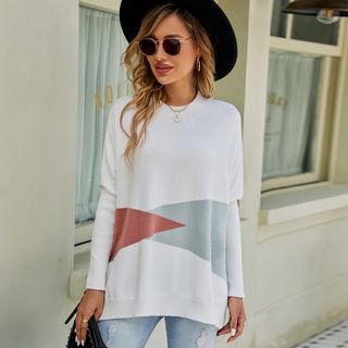 Crew Neck Color Block Slit Sweater