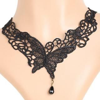 Fit-to-Kill Gothic Lace Butterfly Tear Drop Necklace  Black - One Size