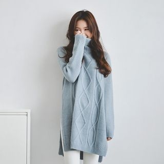 JUSTONE Turtle-Neck Long Cable-Knit Sweater