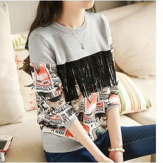 Soft Luxe Fringed Print Panel Sweater