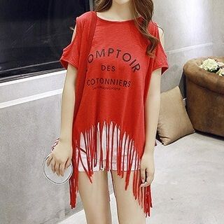 Aikoo Short-Sleeve Fringed Lettering Top