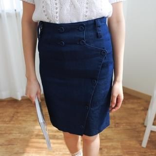 Button-Accent Denim Pencil Skirt