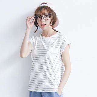 BAIMOMO Shirred-Sleeve Pocket Striped T-Shirt