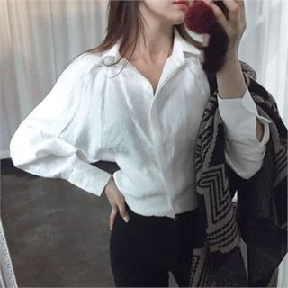 LIPHOP Puff-Sleeve Fly-Front Blouse