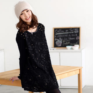 59 Seconds Long-Sleeve Beaded Lace Dress Black - One Size