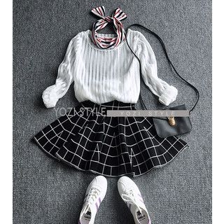 YOZI Elasticized High-Waist Plaid Skirt