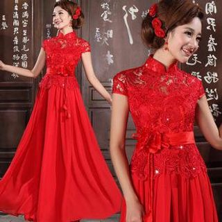 Bridal Workshop Cap-Sleeve Mandarin-Collar A-Line Evening Gown