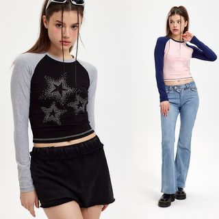 Raglan-Sleeve Rhinestone Star Cropped T-Shirt