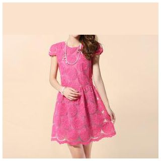 Strawberry Flower Cap-Sleeve Embroidered Organza Dress