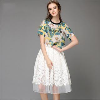 Ovette Set: Floral Short-Sleeve T-Shirt + A-Line Lace Skirt