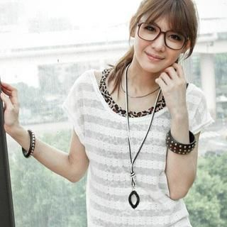 Set: Striped Knit Top + Leopard Print Tank Top Leopard-print & White - One Size