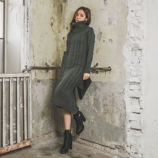 UUZONE Turtle-Neck Cable-Knit Long Dress