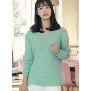 HOTPING V-Neck Furry-Knit Top