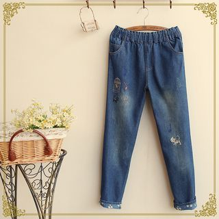 Fairyland Elastic Waist Washed Embroidered Jeans