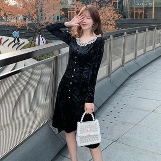Lace Trim Velvet Midi A-line Dress