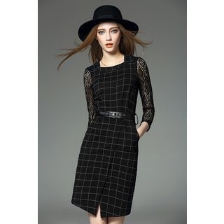 Y:Q Lace-Sleeved Wrapped Shift Dress