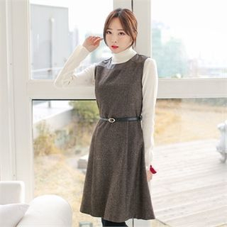 Styleberry Faux-Leather Trim Sleeveless Dress with Belt