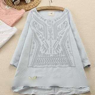 Blu Pixie 3/4-Sleeve Embroidered Linen Blouse