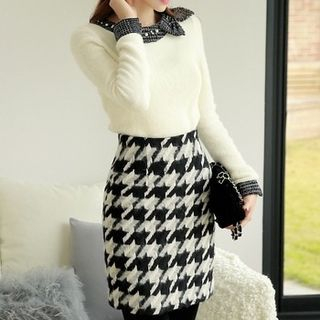 Styleonme Wool Blend Houndstooth Pencil Skirt