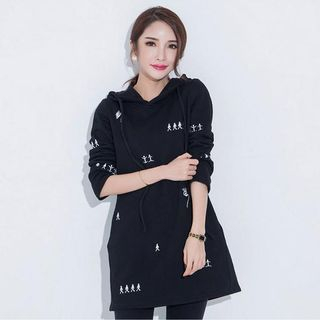 LROSEY Fleece-Lining Embroidered Hooded Long Pullover