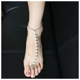 Glamiz Faux Pearl Anklet with Toe Ring
