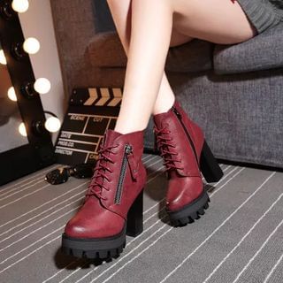 Forkix Boots Lace-Up Chunky Heel Platform Short Boots