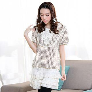 Blue Hat Short-Sleeve Lace Panel Dotted Top