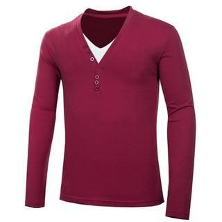 Bay Go Mall Long Sleeved V-neck Henley Mock Two-piece T-shirt