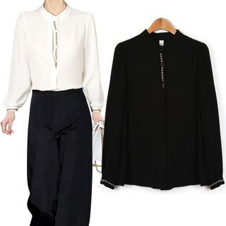 ifzen Mandarin-Collar Embroidered-Detail Top